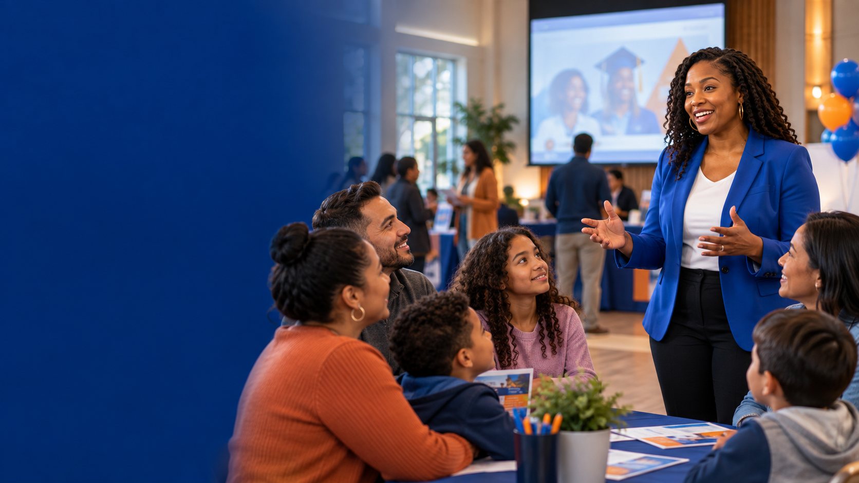 A SparkXplorer presenter speaking with families